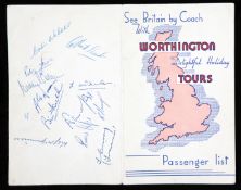 A Worthington Coach Tours passenger list autographed by the Manchester United Babes team, dated