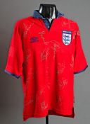 A team-signed England Euro 2000 red replica jersey, 18 signatures in silver marker pen including