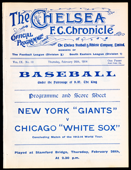 A programme for a `Grand Baseball Match` played at Stamford Bridge, Chelsea, between the New York