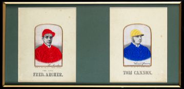 Three framed stevengraphs of jockeys, a double-mounted example featuring Fred Archer and Tom Cannon;