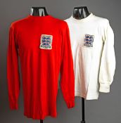 Two Cyril Knowles` England No.3 U-23 international jerseys, both long-sleeved, a white jersey by