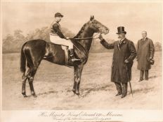 A photogravure of King Edward VII holding his 2,000 Guineas and Derby winner "Minoru", with jockey