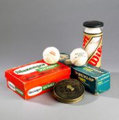 Lawn tennis balls and measuring tape, a box of 6 Slazenger "Victory" white balls unused, a box of