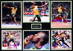 A signed Usain Bolt framed photographic montage, mounted with five large colour photographs