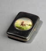 An early 20th century cigarette case decorated with an enamel roundel portraying a polo match, 9.5