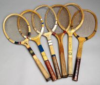 A group of six continental tennis racquets, i) "Meteor" by Gebruder Hammer, Germany, circa 1924,