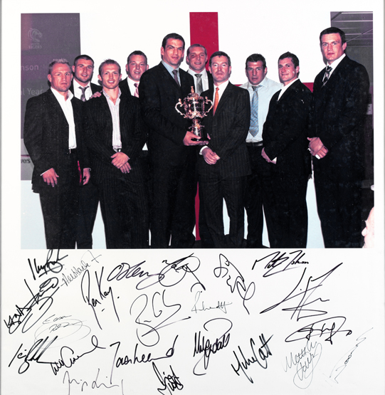 A signed colour photographic print of the England 2003 Rugby World Cup winners, 22 signatures in