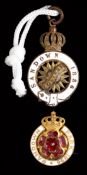 Two gilt-metal & enamel Sandown Park racecourse member`s badges for 1886 and 1896,