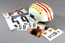 The race helmet worn by Erika Salumae when representing the Soviet Union and winning the Women`s