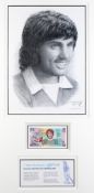 A George Best framed montage, mounted with a portrait print of a fine quality pencil drawing after
