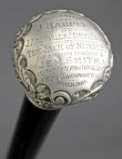 A silver-mounted ebonised walking stick associated with the bare knuckle prize fighter Jem Smith,