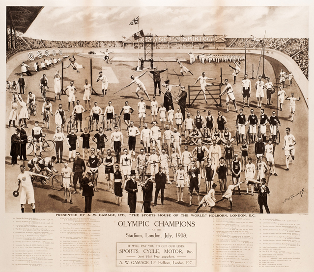 A 1908 London Olympic Games poster titled `Olympic Champions at the Stadium, London, July 1908,