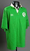 Denis Leamy: a green No.6 Ireland U-21 international rugby shirt, long-sleeved, circular Irish badge