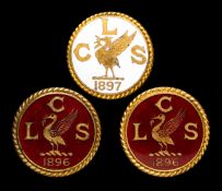 Three gilt-metal & enamel Aintree member`s badges for the Liverpool County Stand, two for 1896,