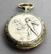 An early 20th century lawn tennis theme pocket watch in white metal with tennis scene showing a