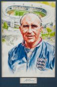 A signed Sir Alf Ramsey presentation, an artist drawn portrait of the England manager mounted