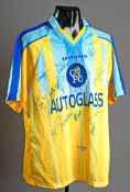 A team-signed Chelsea yellow & light blue replica away jersey season 1998-99, signed to the front in