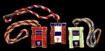 Three Salisbury Plain Race Club member`s badges for 1931, 1932 & 1934, in gilt-metal & enamel,