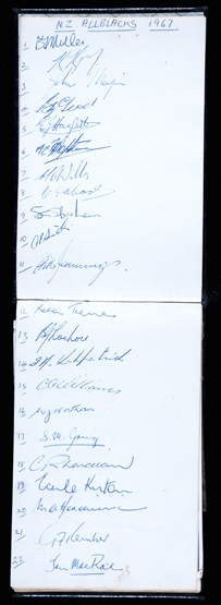 An autograph album containing signatures of the 1967 New Zealand All Blacks, the 1969/70 South