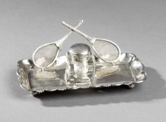 A silver-plated lawn tennis inkstand circa 1910, engraved FROM JINJA PUNJABIES, the stand consists