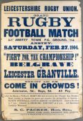 A collection of 42 rare survivals of Leicestershire Rugby Union posters from the Edwardian era,