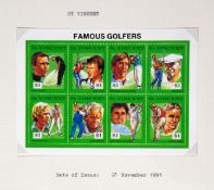 Golf philately, ten albums of worldwide issued postage stamps and postal covers featuring golf