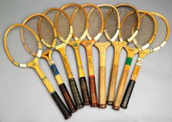 Nine tennis racquets, i & ii) a pair of "Perfection" racquets circa 1925 by C M Beresford & Co.,