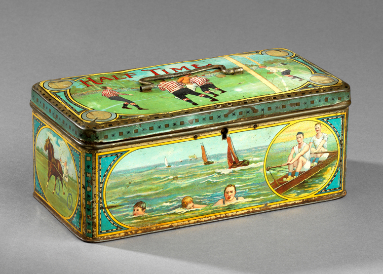 A rare"Half Time" tin unusually fitted with a lock circa 1890s, decorated to the lid with a football