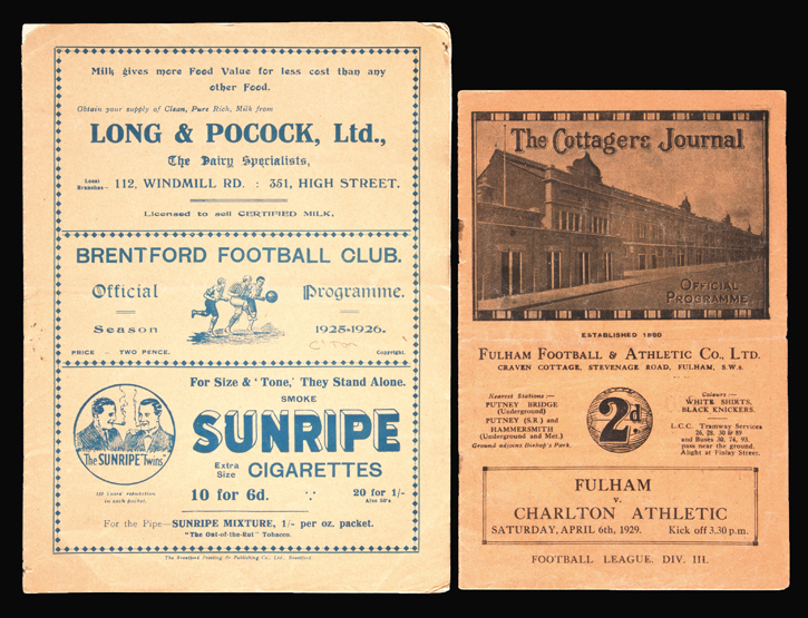 Two 1920s Charlton Athletic away programmes. Brentford 21.11.25 and v Fulham 6.4.29
