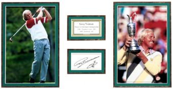 A signed Greg Norman `Open Championship Winner` display, comprising two 12 by 8in. colour