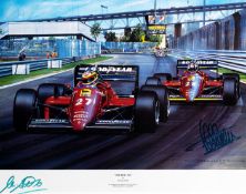 1985 Ferrari print, 1972 Denis Hulme-signed McLaren poster & other F1 driver-signed artwork, "THE