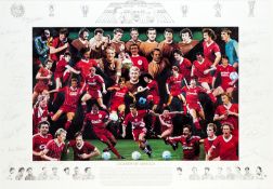 A multi-signed `Legends of Anfield` limited edition print, numbered 757/2000. central artist drawn