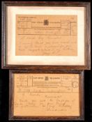 Two telegrams sent to the royal racehorse trainer Richard Marsh from King George V in 1922 and