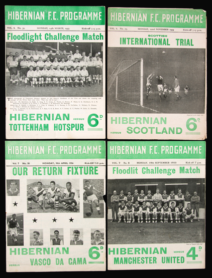 20 Hibernian programmes from the 1950s, mostly floodlit challenge matches