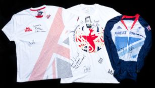 Three signed items of Team GB Paralympic clothing, i) a cycling top signed by Helen Scott and two