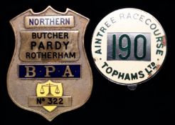 Two bookmaker`s badges, the enamelled metal badges inscribed Tophams Ltd., Aintree Racecourse,