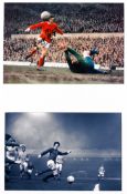 A signed George Best photographic display, colour and b&w photographs of Best in action fro