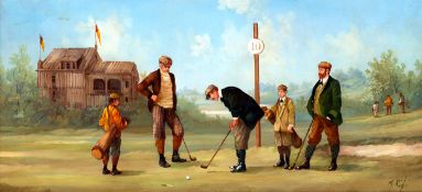 M Righi (Continental, 20th Century). GOLFERS ON THE 10th GREEN. signed, oil on board, 20 by 37cm., 8