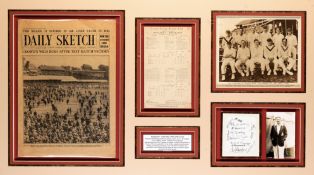 An England v Australia 1926 Oval Test Match autographed display, with a sheet signed in ink by the