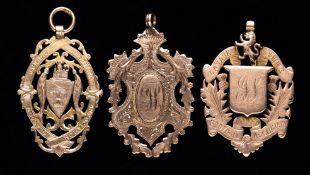 Three 9ct. gold medals awarded to Jimmy Stewart, i) Lanarkshire F.A., won at Motherwell in 1907-