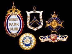 Five early gilt-metal & enamel racecourse member`s badges, Sandown Park 1892 & 1909, Hurst Park