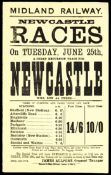 Six railway company handbills for fares and services to race meetings, at Newcastle (1872), Epsom (