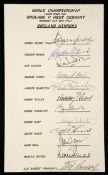 A fully-signed 1966 `England Winners` card, the signatures of the 11 players plus Alf Ramsey