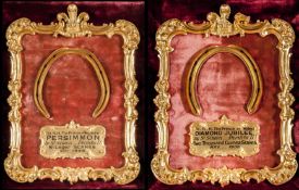 A pair of royally presented racing plates worn by The Prince of Wales`s racehorse Persimmon and