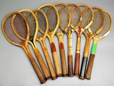 A group of nine American tennis racquets, i) "Tournament" by Victor Sporting Goods circa 1902,