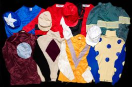 A group of vintage racing colours, 2 woollen National Hunt examples. i) white, maroon diamond, black