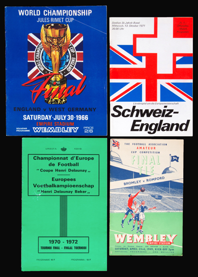 A collection of football programmes, including 1966 World Cup finals (plus a 1970 World Cup ticket
