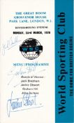 Jack Brabham, Graham Hill and Jackie Stewart-signed World Sporting Club dinner menu, the