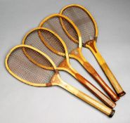 Four early 20th century tennis racquets, i) "EDB Special" by Sykes of Horsbury Yorkshire, circa