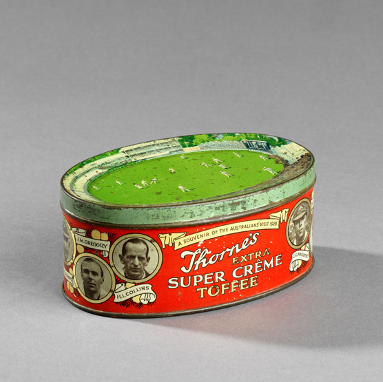 A Thorne`s Extra Super Creme Toffee tin commemorating the visit of the Australian cricket team in